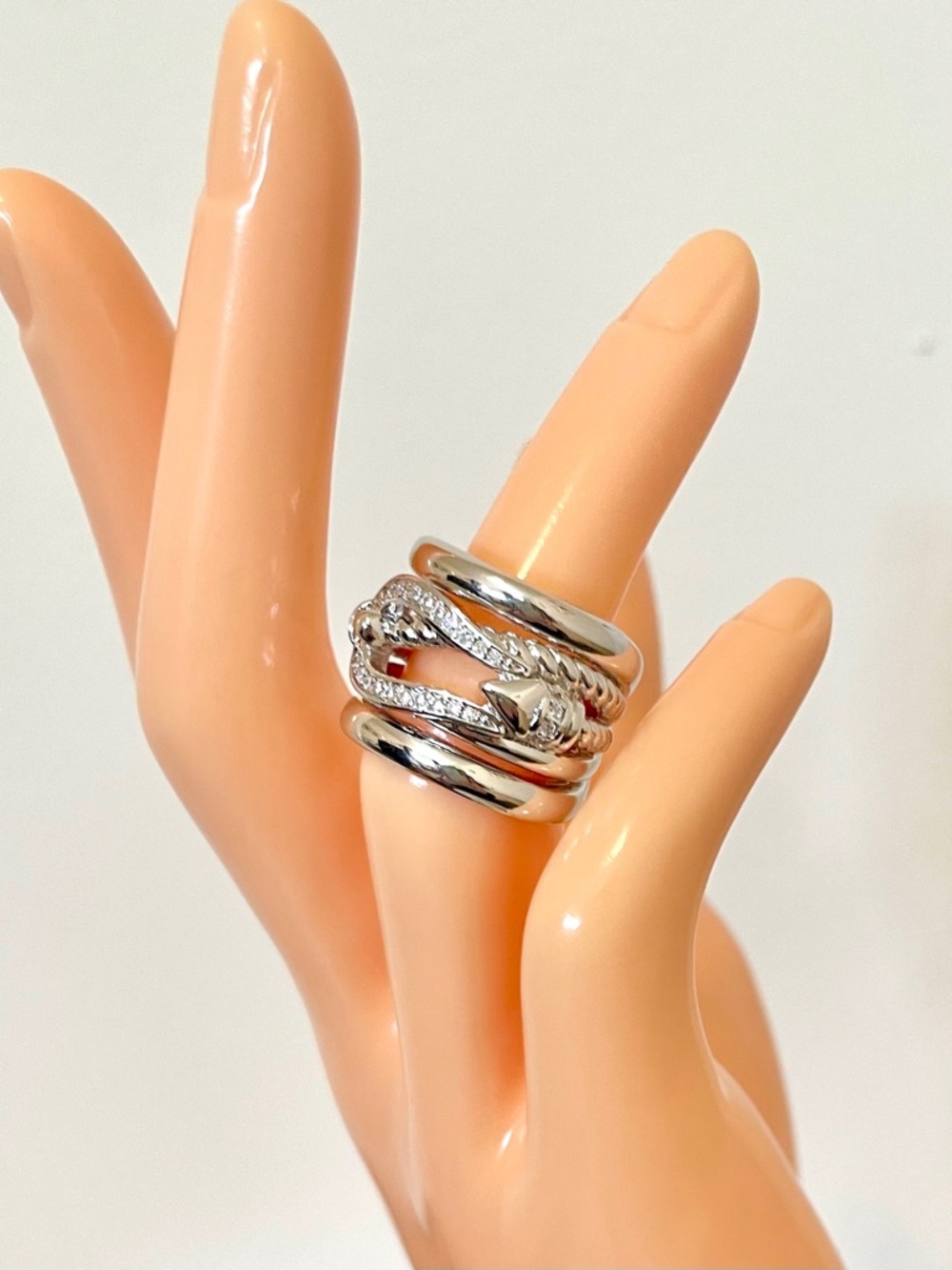 Designer Inspired White Gold Filled Pavé Buckle Crossover Band Ring NWOT